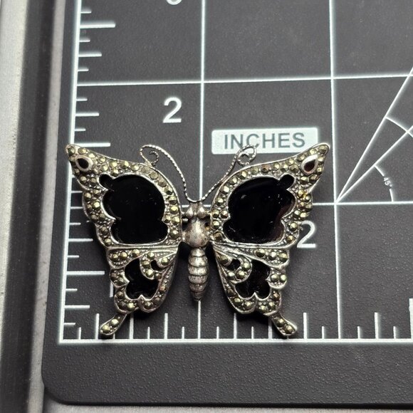 VTG Sterling Silver 925 Butterfly Brooch 2" Marcasite Black Onyx 14.67g - Picture 9 of 11